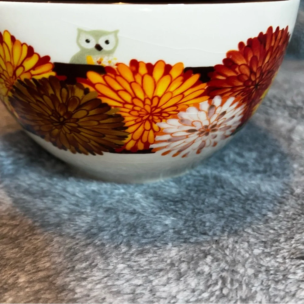 Hoot N Nanny Owl Bowl Canterbury Potteries Bird Flowers Brown Yellow